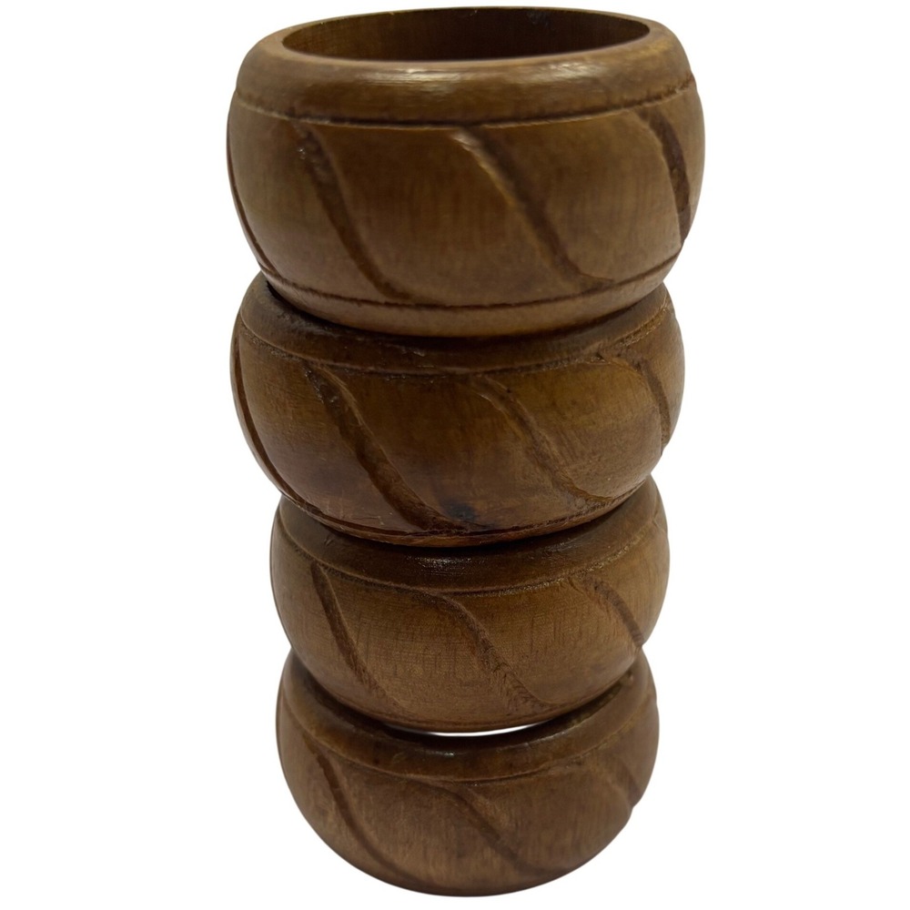 Vintage Carved Wood Napkin Rings Set of 4 Brown Boho Rustic Table Decor